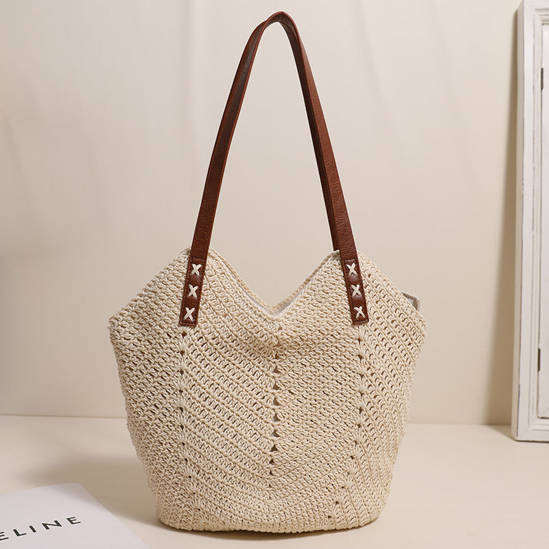 Schulter Baumwollfaden gewebte Tasche Lässige Strohtasche Urlaub Strandtasche All Matching Nischen Damen Tasche