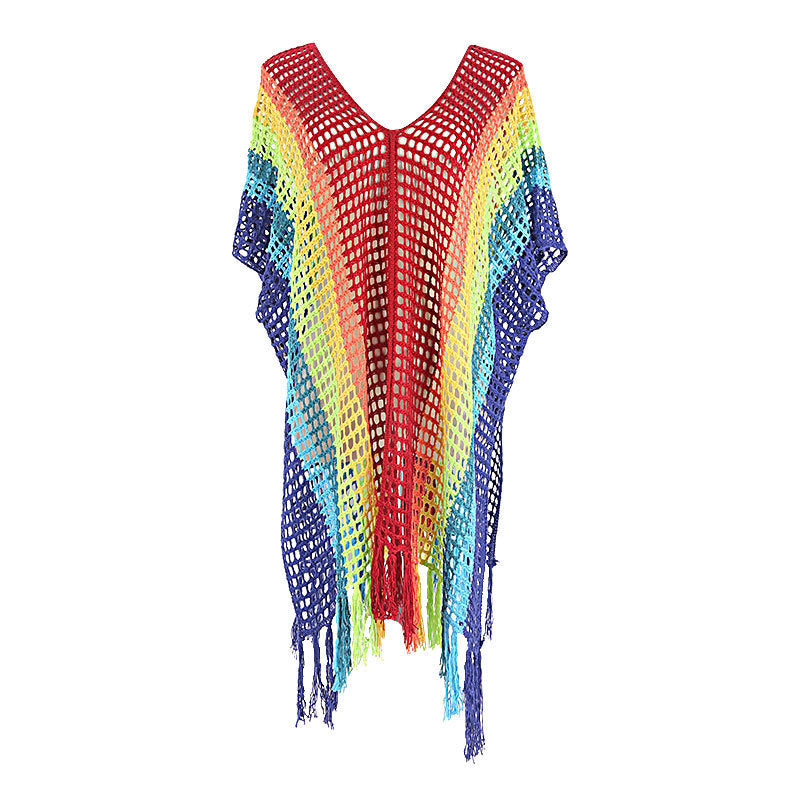 Regenbogenfarbe Aushöhlen Strand-Cover-up Urlaub Bikini-Cover Badeanzug Oberbekleidung Sonnenschutz Kleidung