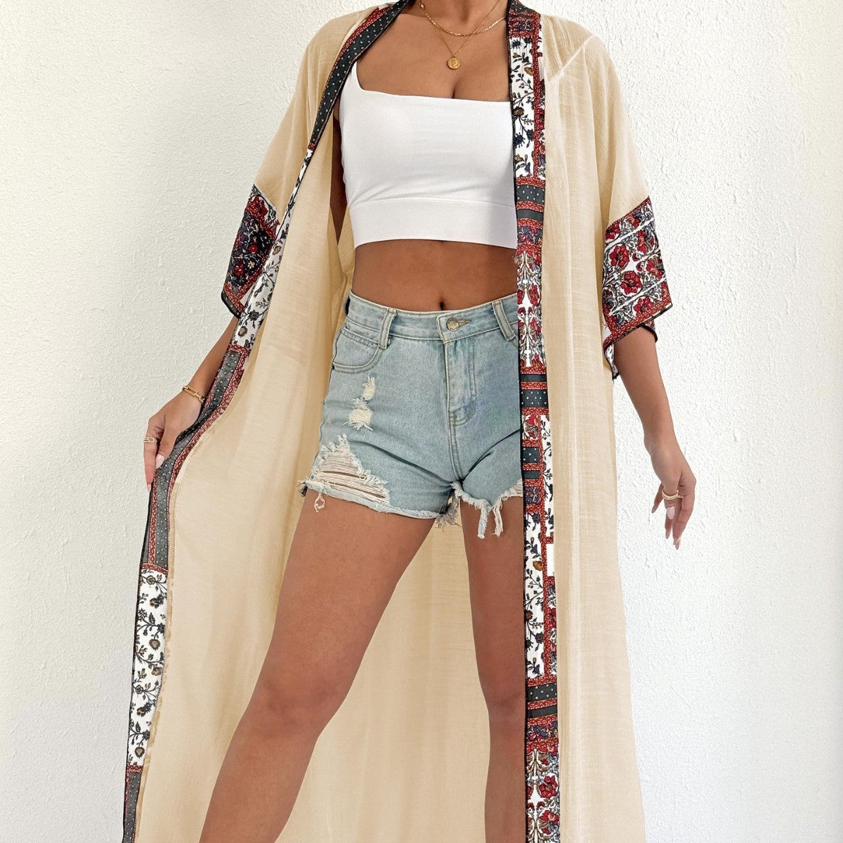 Damen Sonnenblende Cardigan Damenbekleidung Farbblock-Patchwork Long Coat Strand Bikini Cover-up Bluse