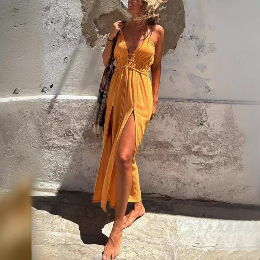Robe sexy à fines bretelles unie à ourlet fendu double