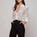 Haut en dentelle sexy pour femme avec col polo, manches longues, bord à pompons et chemise courte transparente