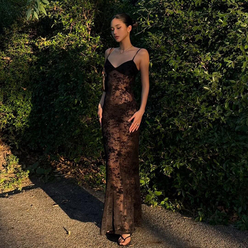 Frühling Sommer Damen Mesh Sexy Durchsichtig V-Ausschnitt Rückenfrei Schmale Passform Sling-Kleid