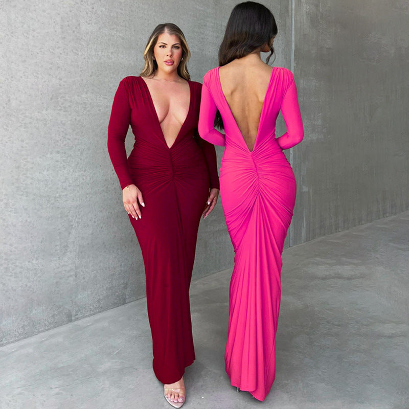 Damenkleidung Sommer Sexy V-Ausschnitt Schmal Plissiert Einfarbig Langarmkleid