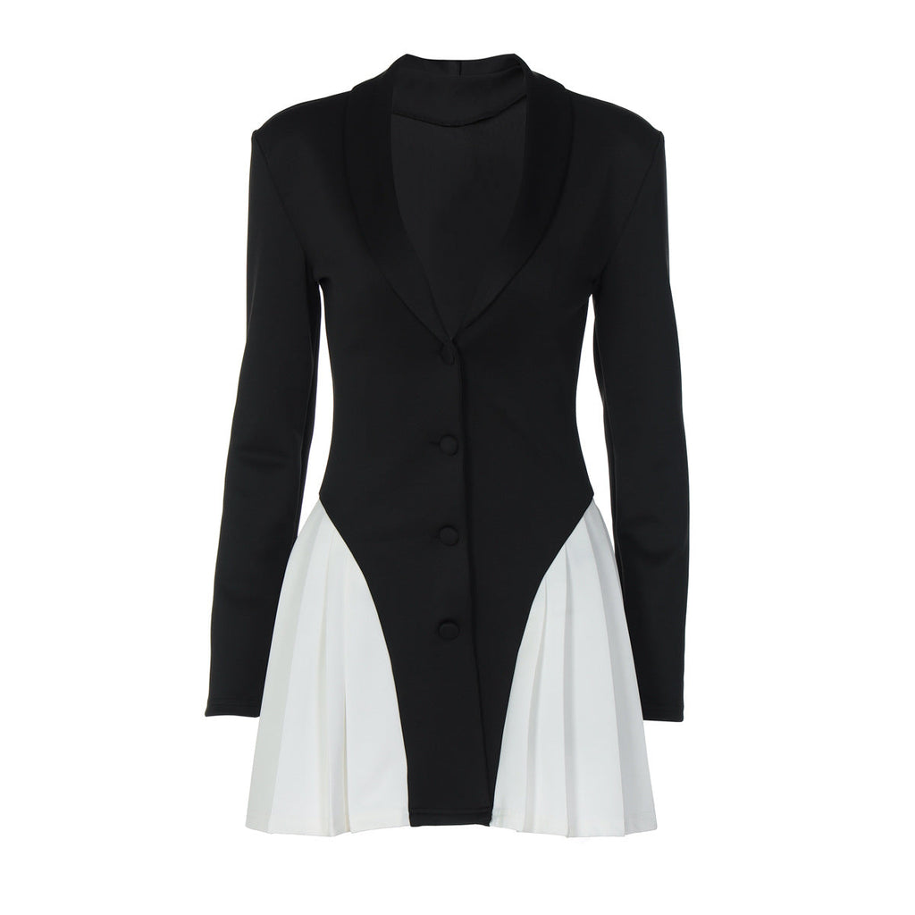 Robe courte ajustée à manches longues pour femme, col en V, boutonnée, couleur contrastante, automne