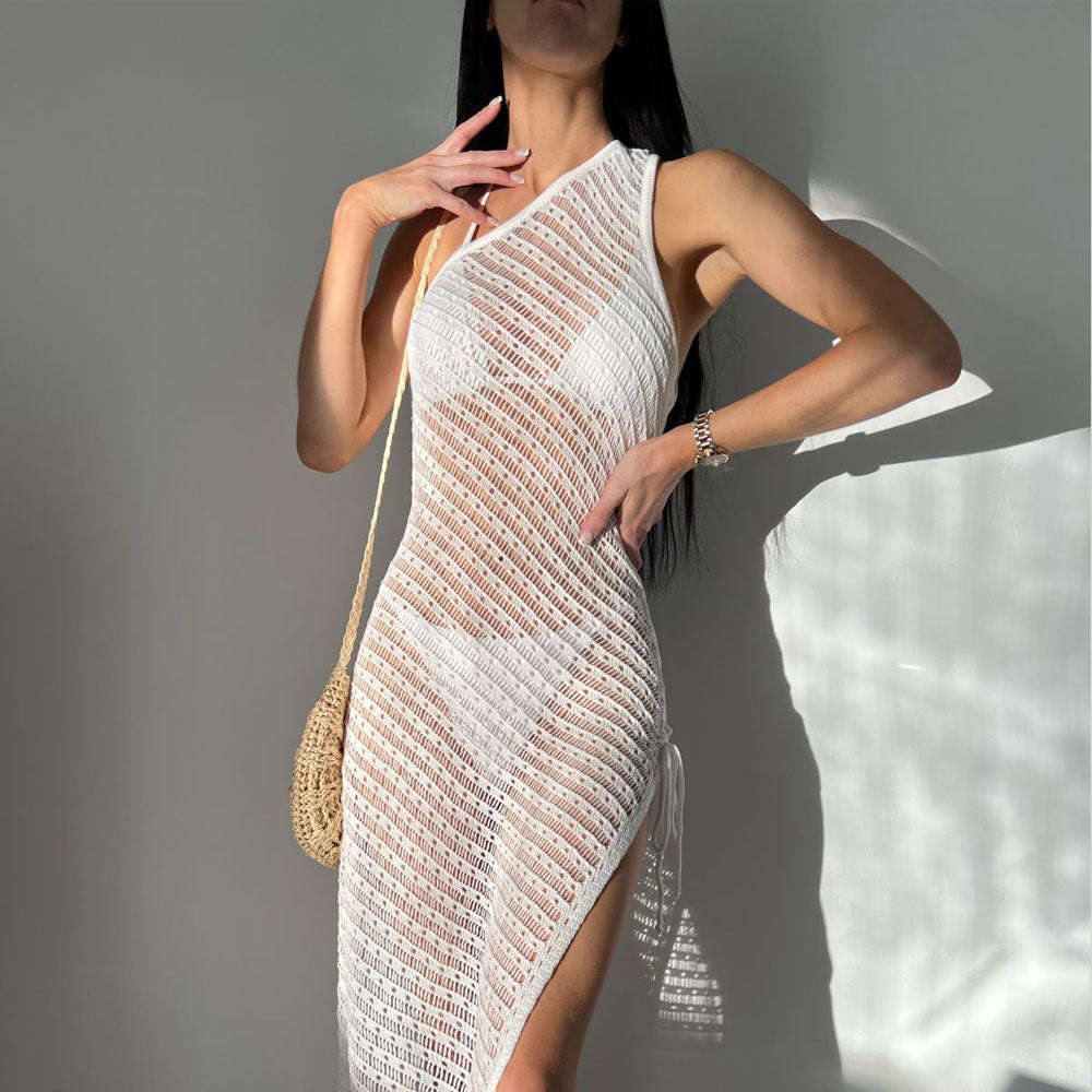 Sexy gestrickter, ausgehöhlter, geschlitzter Strand-Bikini-Überwurf für Damen, transparent, Maxi