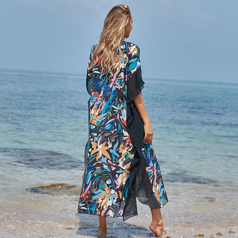 Robe longue ample froncée de couleur unie avec bordure, vêtement de protection solaire de plage, chemisier cache-maillot de bain bikini