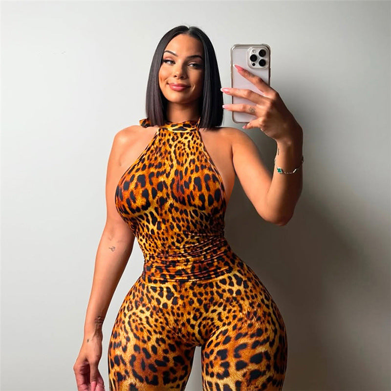 Combinaison moulante léopard sexy d'été sans dos à lacets pour femme