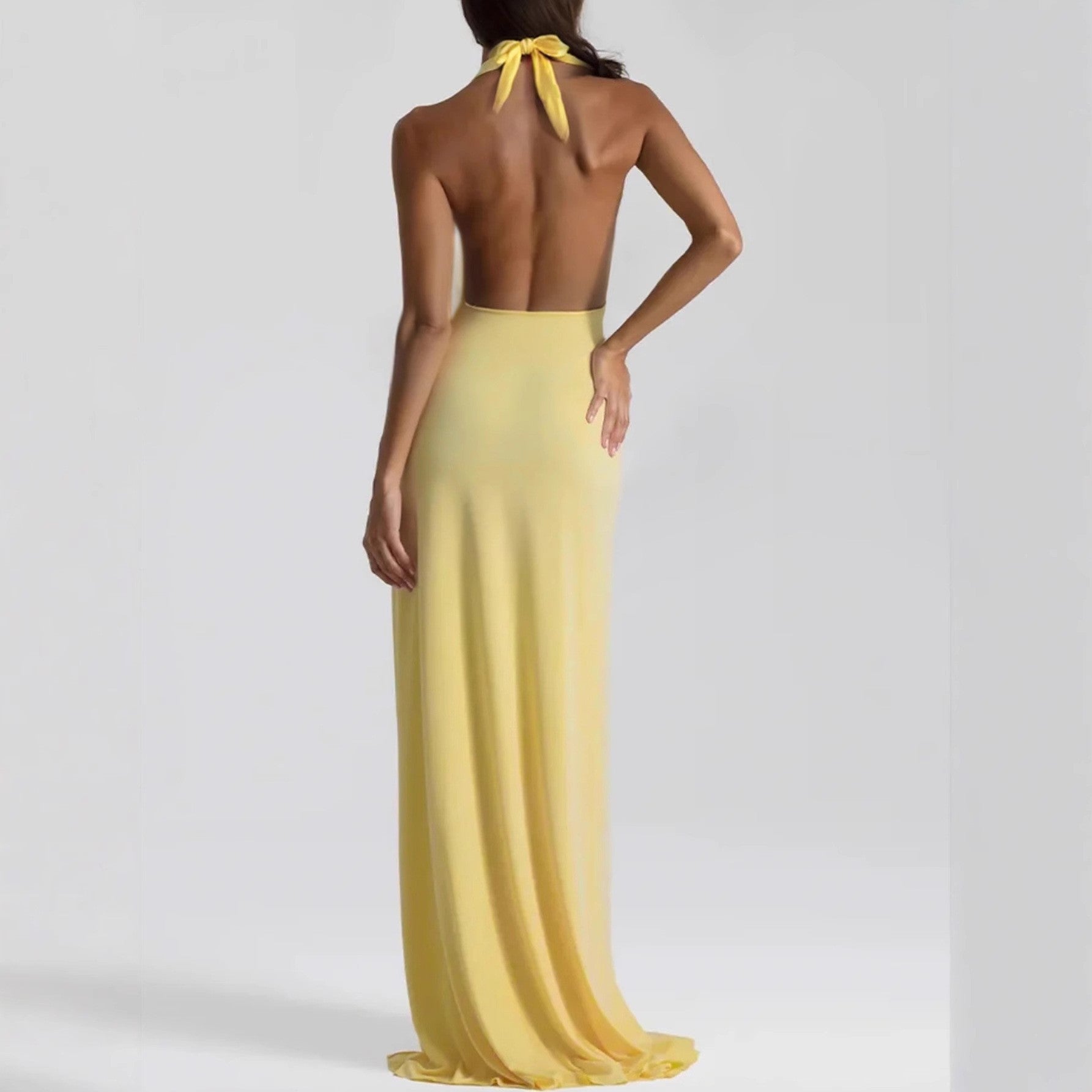 Robe longue sexy pour femme avec décolleté en V plongeant, dos nu et lacets, et volants