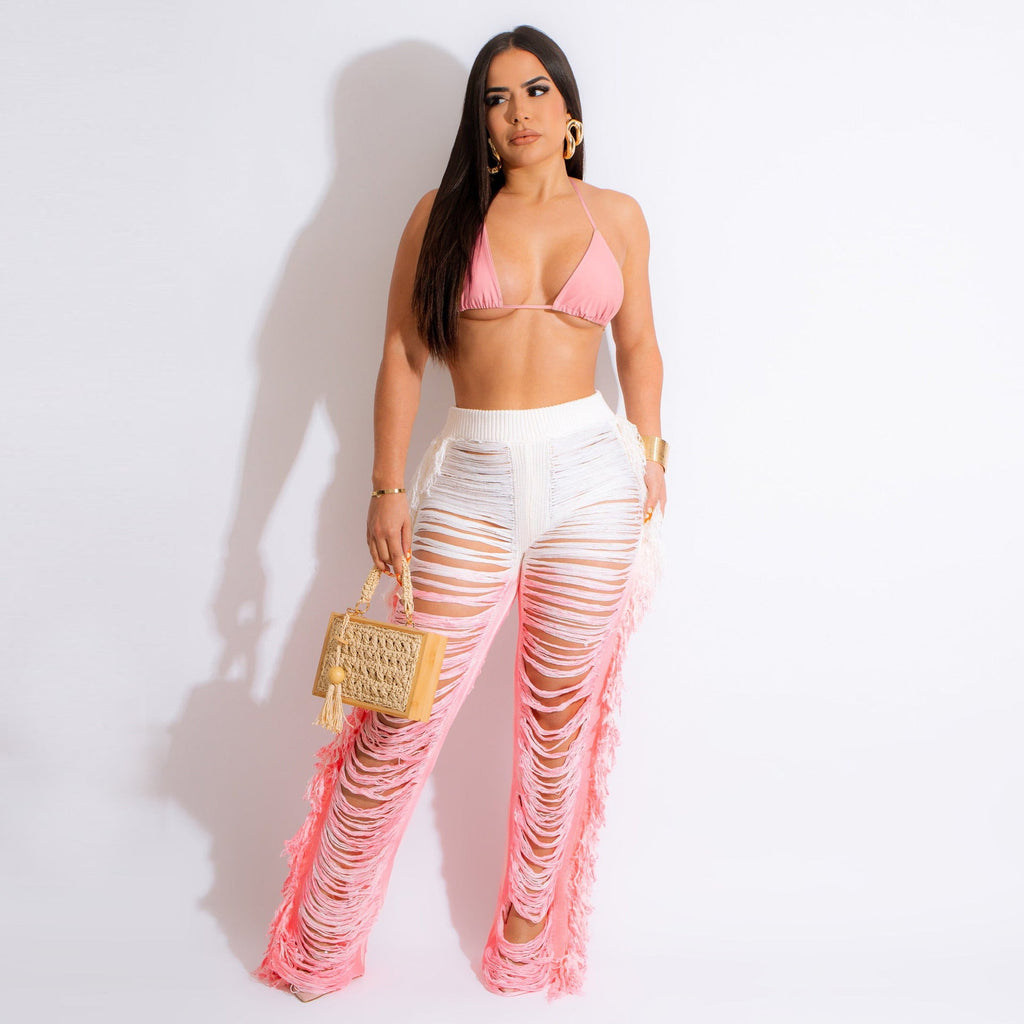 Vêtements d'été pour femmes, sexy, dégradé, pompon de plage, pantalon tricoté, ensemble décontracté