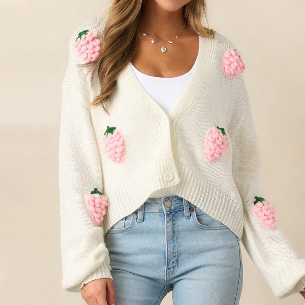 Cardigan Femme Élégant Tricot Motif Fraise 3D Automne Hiver Boutons Manches Longues