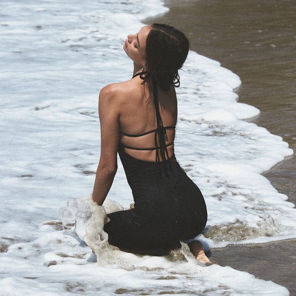 Robe Licou Sexy Évidée Femme Été Plage Mer Dos Nu Fendue Ajustée Coupe Slim Niche Sexy