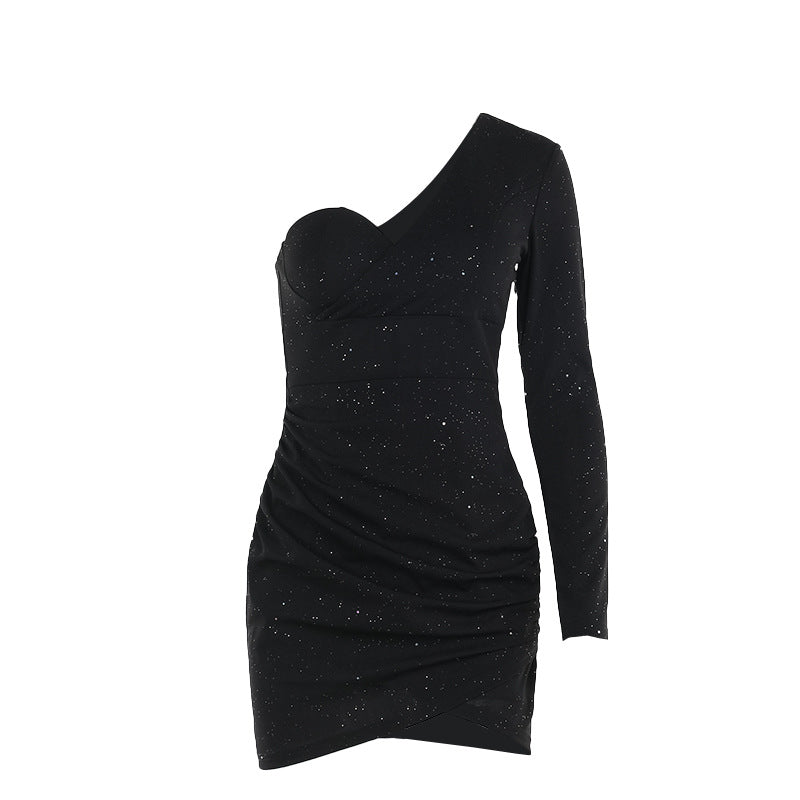 Robe fourreau femme sexy d'automne à une épaule, manches longues, plissée et scintillante