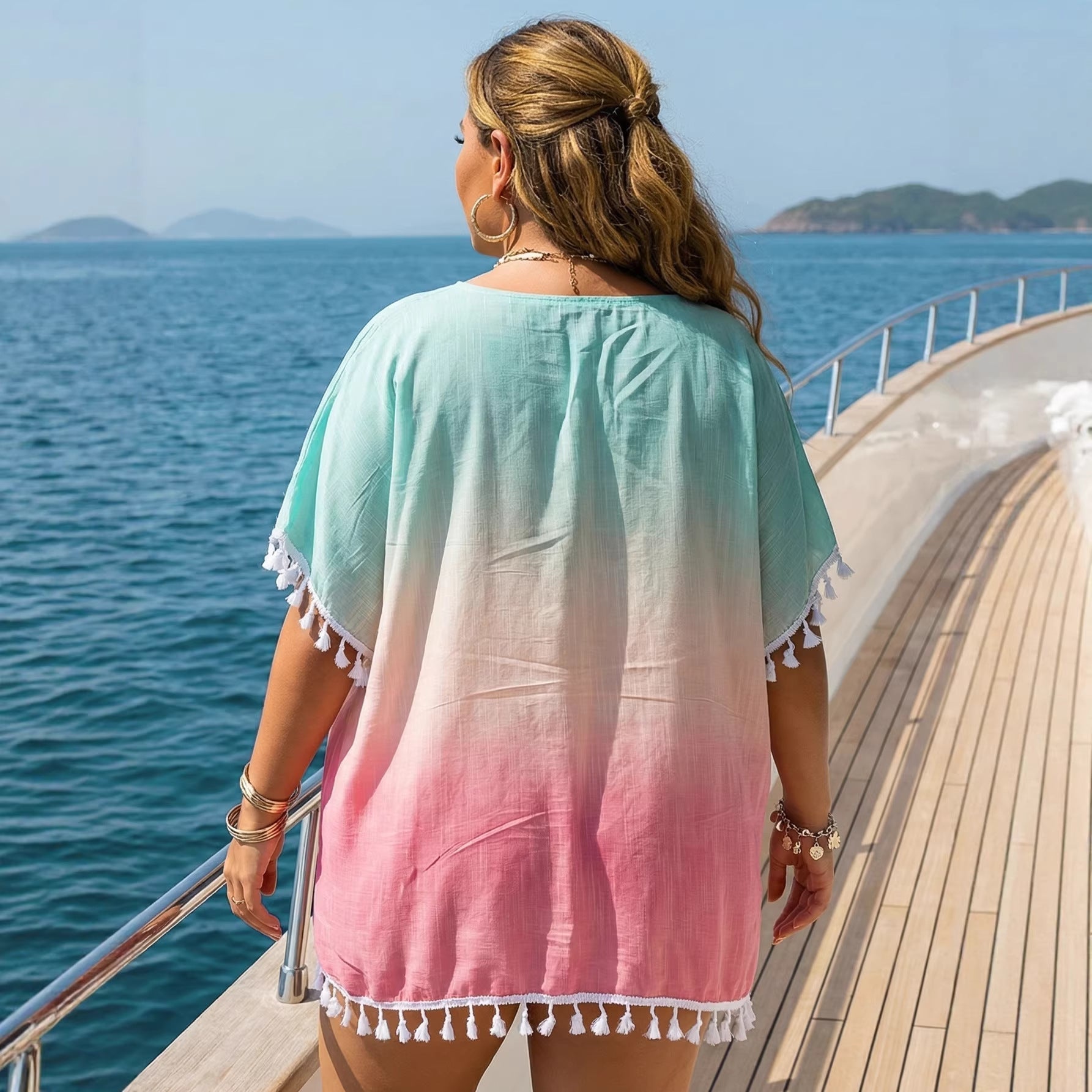 Damen Kleidung Damen Lässiges loses Gradienten-Druck T-Shirt mit Quastenstich Strandüberwurf