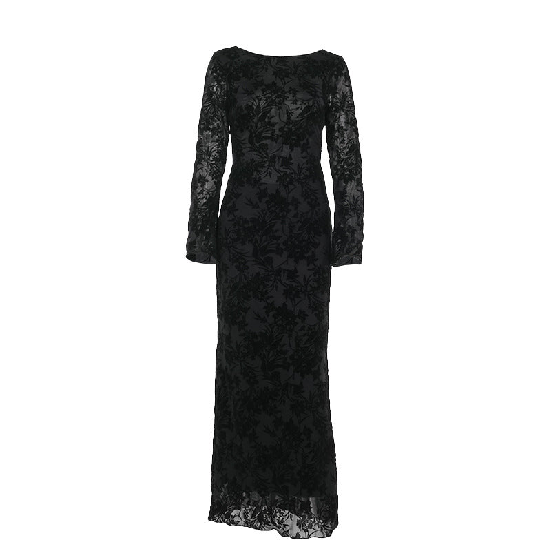 Robe sexy imprimée dos nu à manches longues pour femme - Élégance et mode automnale
