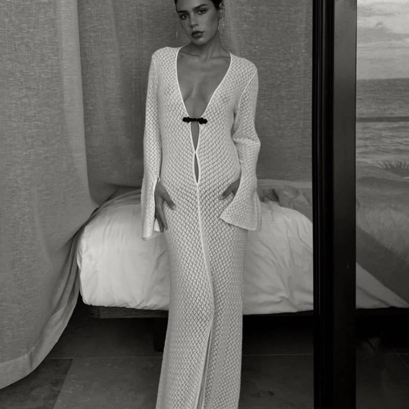 Robe de plage transparente évidée et découpée, col en V, longue, sirène, robe de soirée pour femme