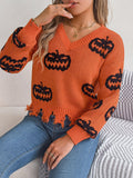 Automne Hiver Halloween Couleur Contraste Citrouille Coupe Pourrie Pull Manches Longues Vêtements Femme