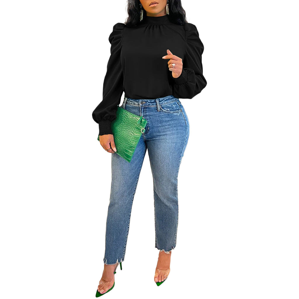 Vêtements Féminins Quatre Saisons Couleur Unie Col Montant Manches Bouffantes Haut à Lacets au Dos