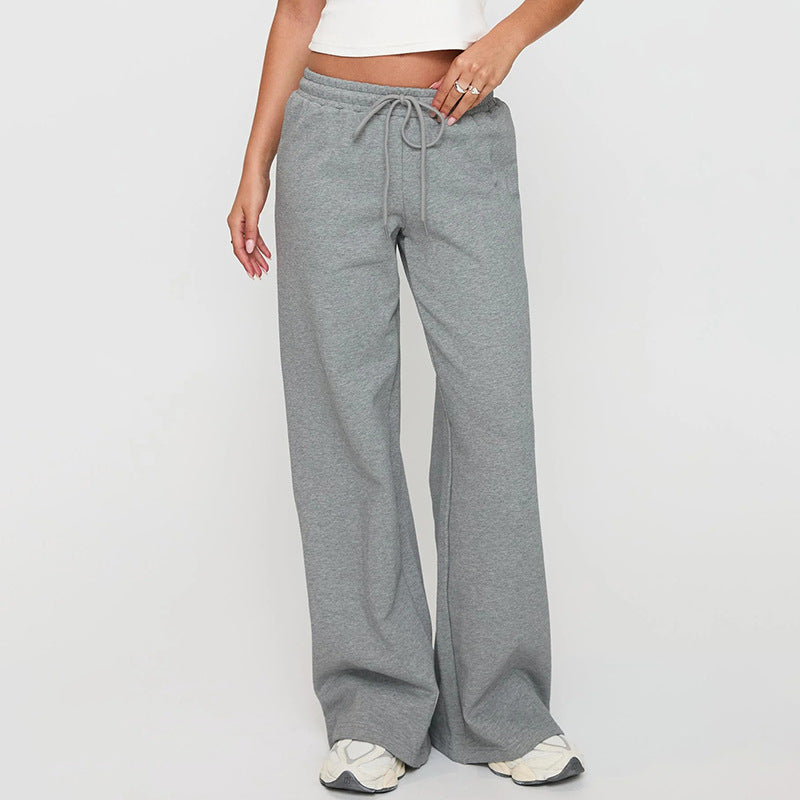 Pantalon décontracté ample pour femme avec cordon de serrage et taille élastique, couleur unie