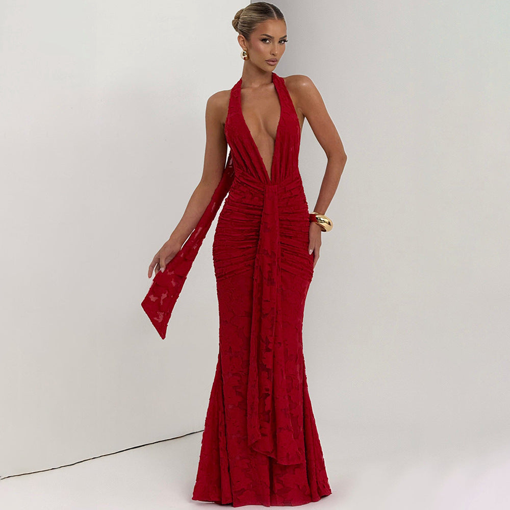Robe longue plissée en dentelle pour femme, sexy, col en V profond, dos nu, robe fourreau