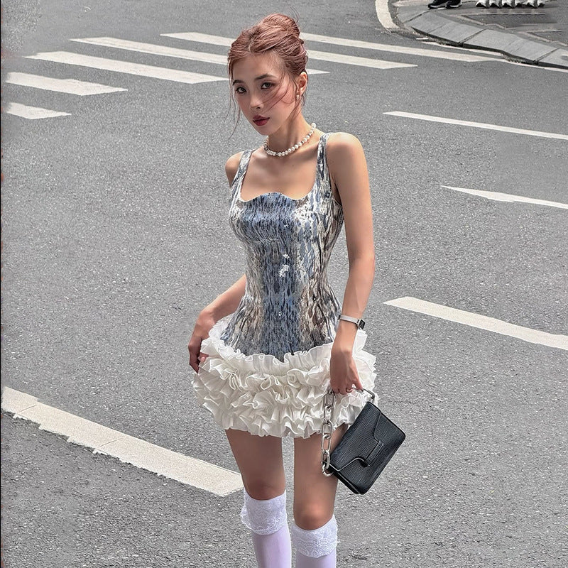 Damenbekleidung Herbst Sexy Sling Pailletten Kontrastfarben Slim Fit Kleid