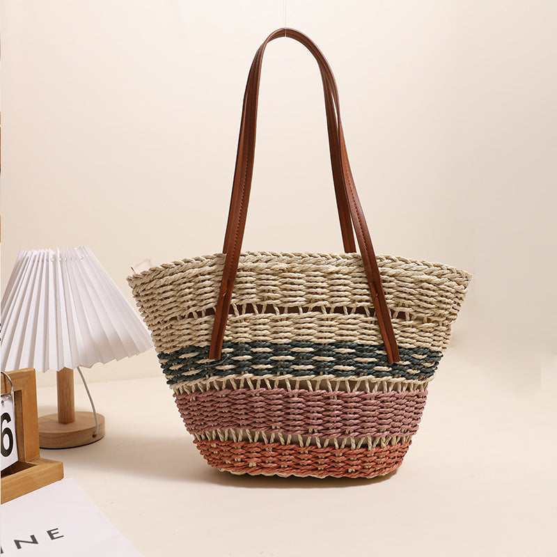 Sac en paille à rayures colorées avec bandoulière, grande capacité, sac tissé en rotin pour femme, panier de légumes portable