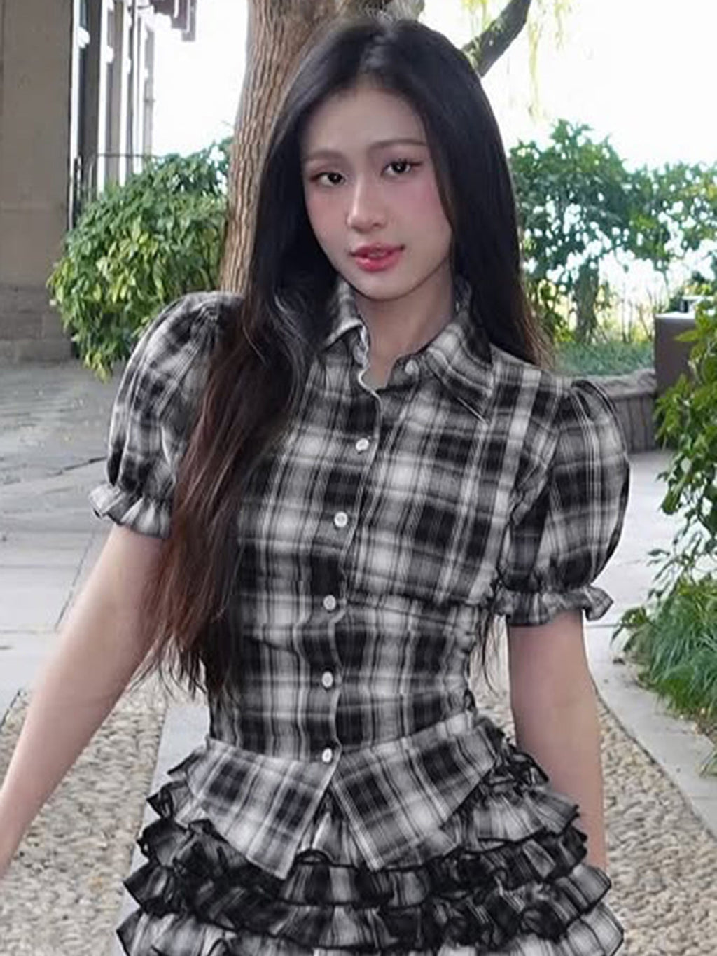 Ensembles de jupe coréenne douce fille preppy à carreaux à manches bouffantes chemise ourlet asymétrique irrégulier taille amincissante cardigan à poitrine unique