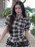 Ensembles de jupe coréenne douce fille preppy à carreaux à manches bouffantes chemise ourlet asymétrique irrégulier taille amincissante cardigan à poitrine unique