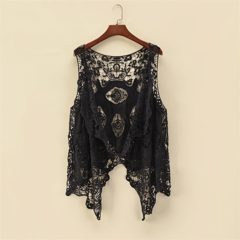 Damen-Sommermantel, dünner Mantel, ärmelloser Spitzen-Cardigan, vielseitiger Schal, Strandbekleidung, Sonnenschutz, Damen-Shirt mit Hohl- und Cutout-Design