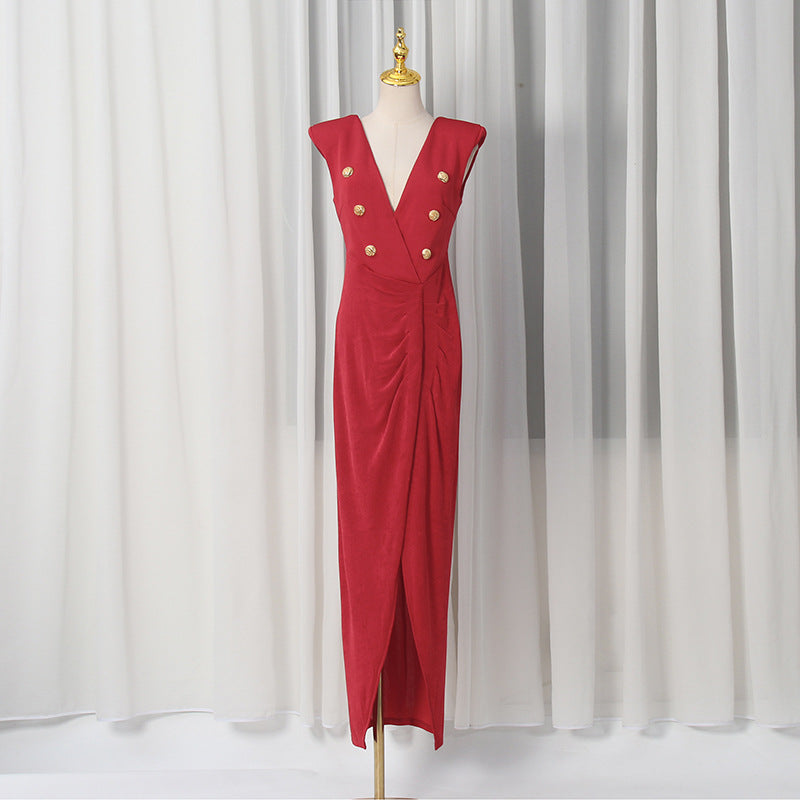 Frühling V-Ausschnitt Ärmelloses Design Schlitzkleid Enger Taille Schlankheits Metall-Dekorationskleid Damen