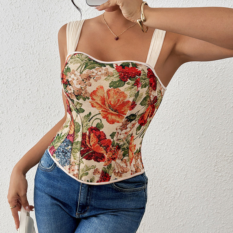 Retro bedrucktes französisches Korsett mit Stäbchen, schlankmachendes Korsett, Outer Wear, Inner Wear, Weste, Sling-Top