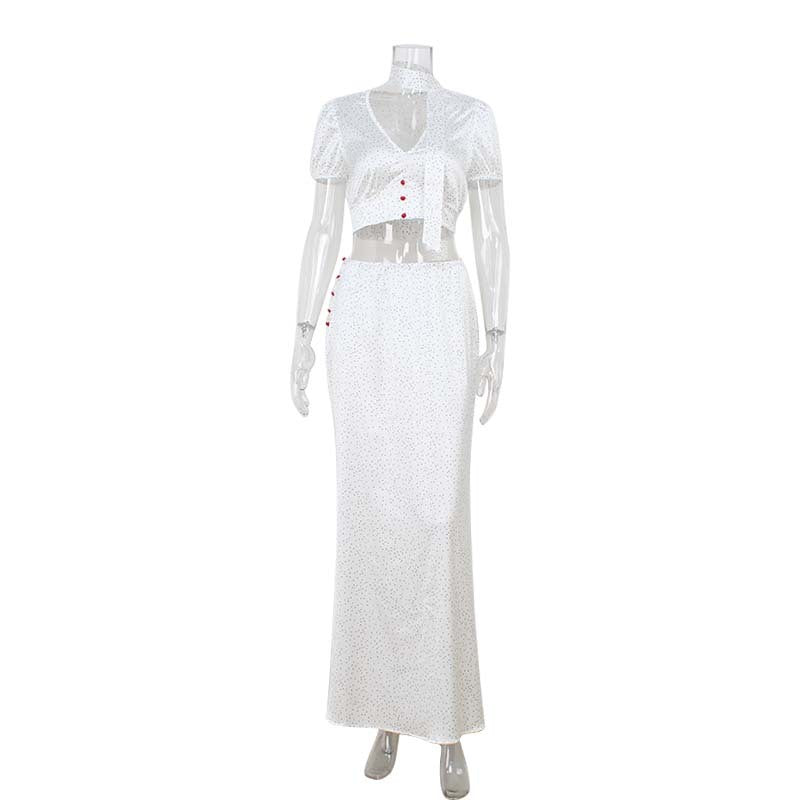 Eleganter hochwertiger Satinrock mit Polka Dots, Fishtail-Schnitt, V-Ausschnitt, kurzes Oberteil, sexy Zweiteiler