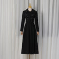 Robe longue plissée élégante de printemps, coupe ajustée, couleur unie, col perlé, manches longues, ensemble deux pièces pour femme