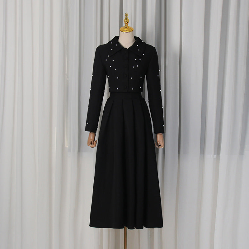 Robe longue plissée élégante de printemps, coupe ajustée, couleur unie, col perlé, manches longues, ensemble deux pièces pour femme