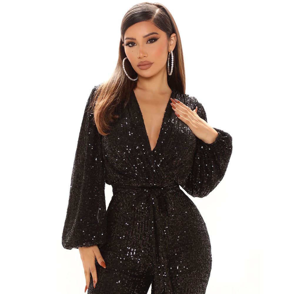 Combinaison pantalon femme haut de gamme d'automne, avec paillettes, décolleté en V profond et manches longues