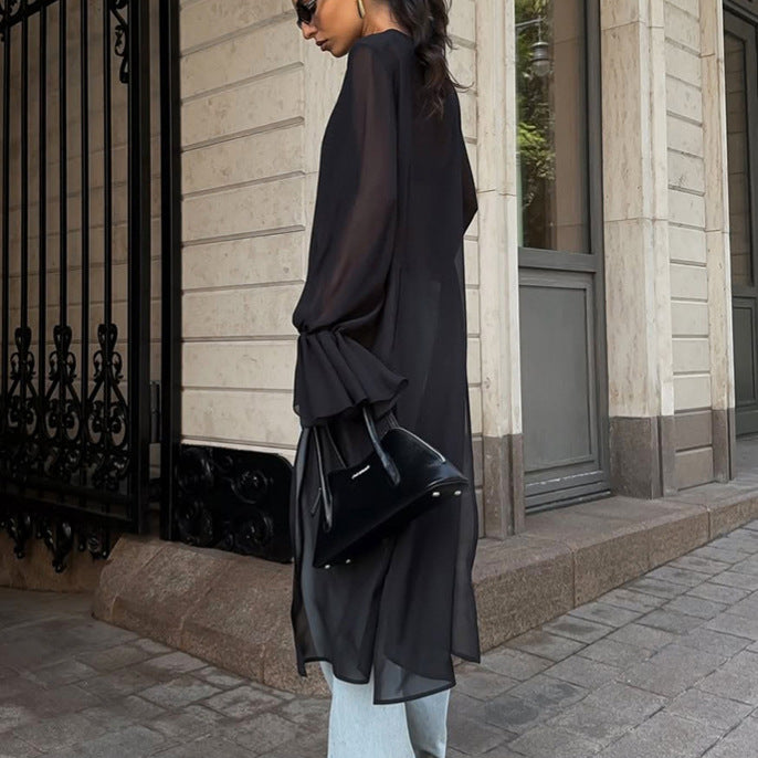 Chemisier en mousseline de soie noir pour femme, maille irrégulière asymétrique, design de niche, col rond, manches à volants, haut à manches longues