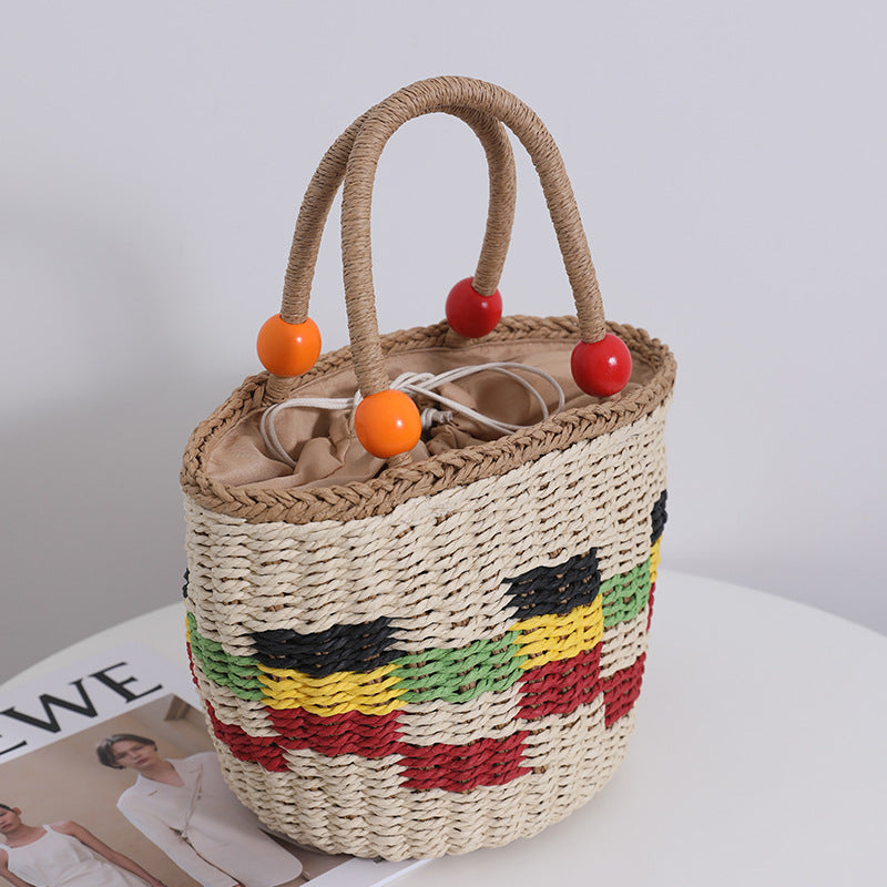 Sac tressé portable en perles de bois mignon, sac tissé à carreaux de couleur fraîche, panier de pique-nique de fruits, sac de plage