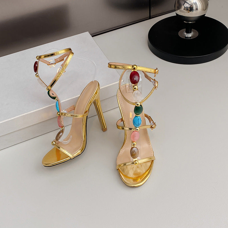 Sommer 11cm Stiletto-Absätze Perlen Offene Zehen Knöchelriemen Schnalle Sandalen Damen Sexy