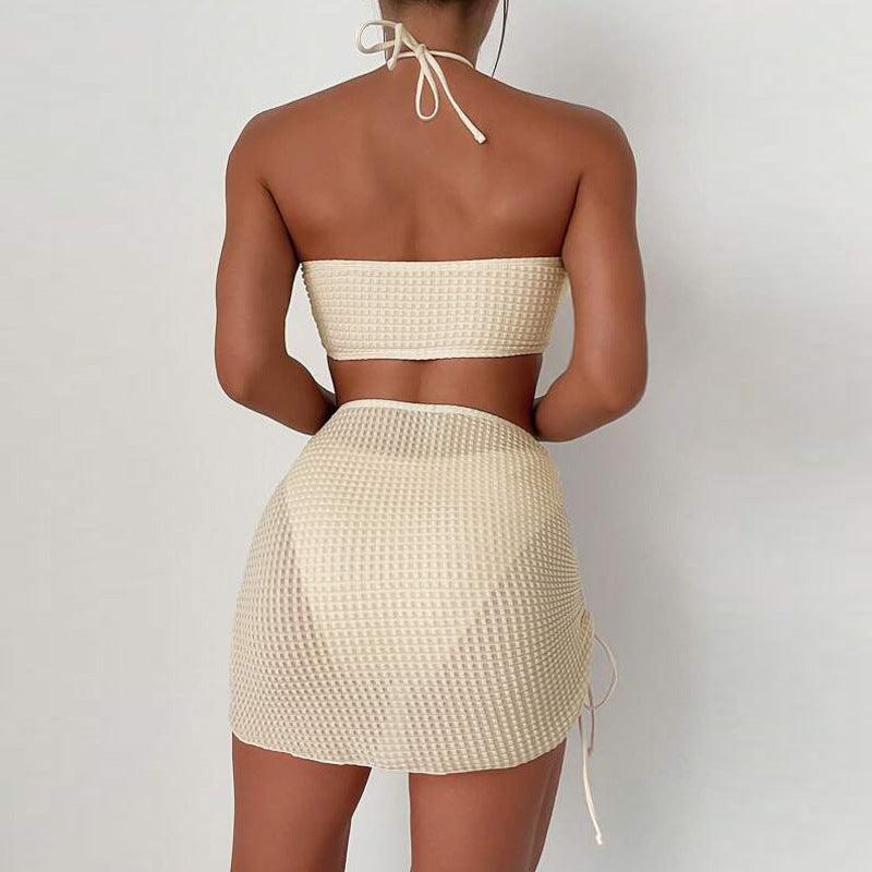 Maillot de Bain Trois Pièces Bikini Sexy Dos Nu avec Cordon de Serrage pour Femme