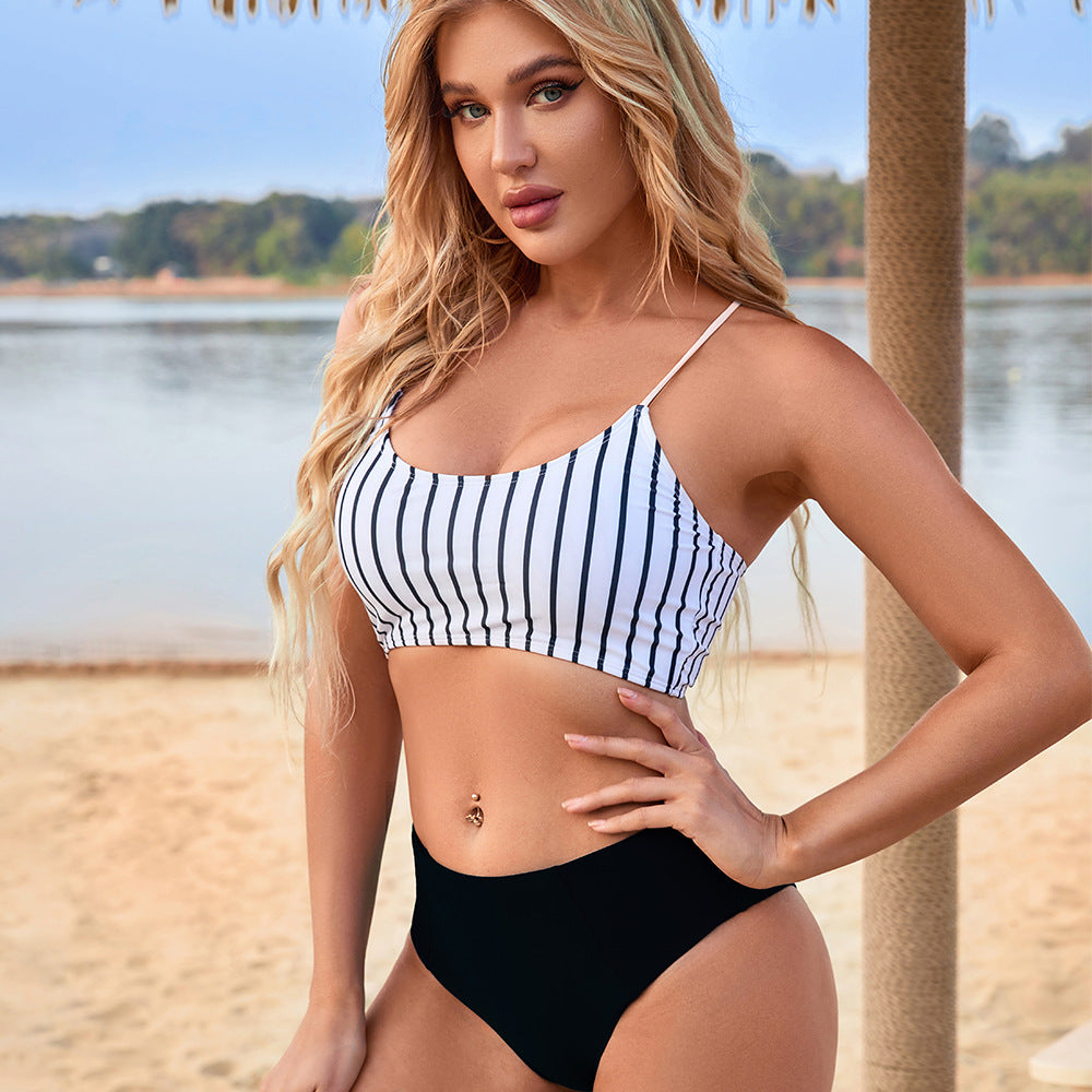 Damen-Bademode High Waist Split Bikini Enger Badeanzug Gestreifter Strand-Urlaubs-Bikini