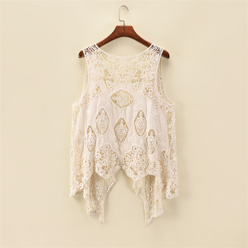 Damen-Sommermantel, dünner Mantel, ärmelloser Spitzen-Cardigan, vielseitiger Schal, Strandbekleidung, Sonnenschutz, Damen-Shirt mit Hohl- und Cutout-Design