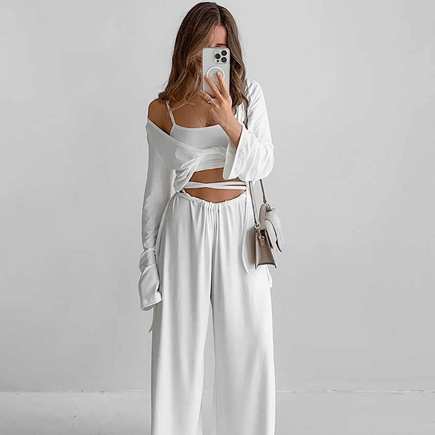 Trägertop Hose Langarm Dreiteiliger Set Bequemer Pyjama Herbst Strick Freizeit Hausanzug