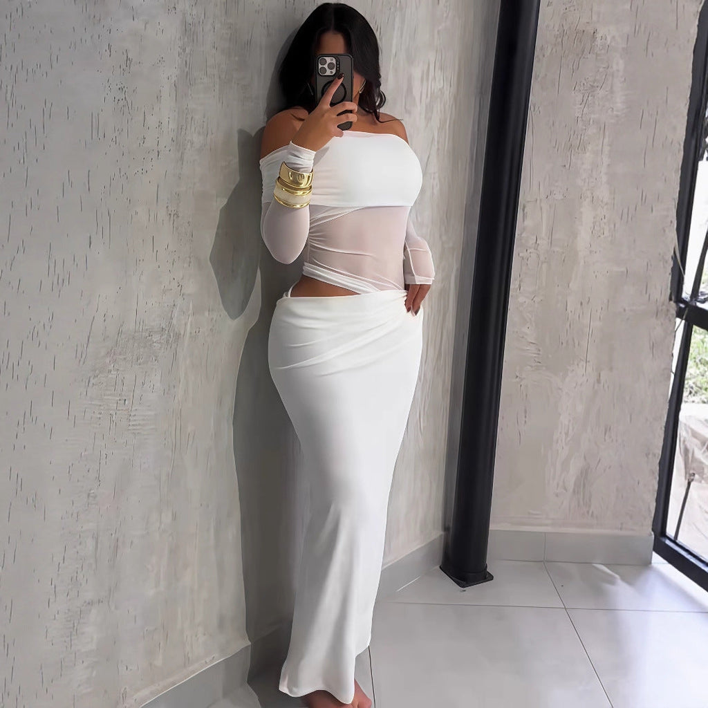 Robe longue sexy pour femme, maille transparente, ajustée, bustier, manches longues