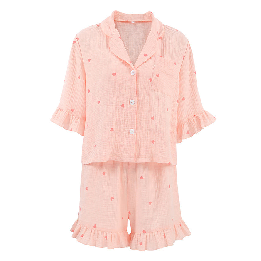 Pyjama d'été pour femme en coton crêpe avec imprimé cœur, manches courtes et short, ensemble deux pièces pour la maison