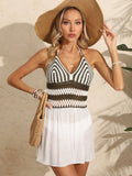 Strand Strandkleid Damen Kleidung Gestreift Kontrastfarbener Träger Handgehäkeltes Nahtkleid Sexy Überrock