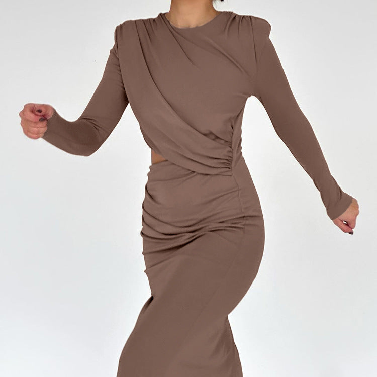 Robe plissée moulante de printemps à col rond et manches longues, coupe évidée fendue, couleur unie pour femme