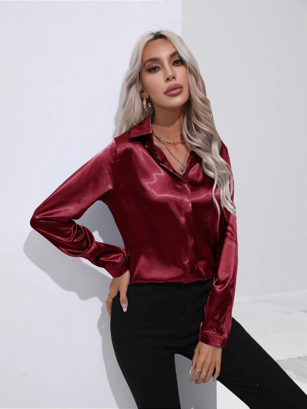 Ein-Knopf-Satinbluse Büro Langarmhemd Frühling Sommer Loose Top Damenbekleidung