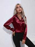 Ein-Knopf-Satinbluse Büro Langarmhemd Frühling Sommer Loose Top Damenbekleidung