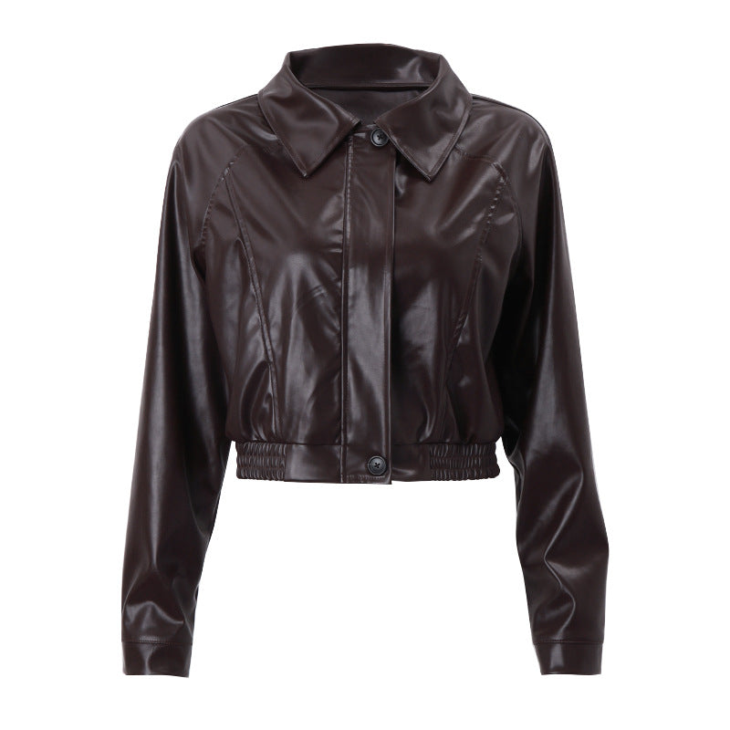 Damenkleidung Herbst Retro Kragen Reißverschluss Kunstleder Freizeitjacke Mantel