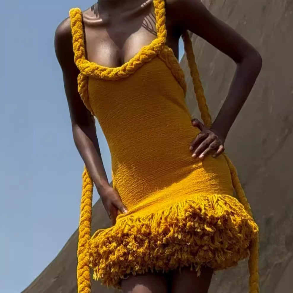 Robe courte balançoire à pompons avec bretelles en corde torsadée tissée à la main Automne Hiver