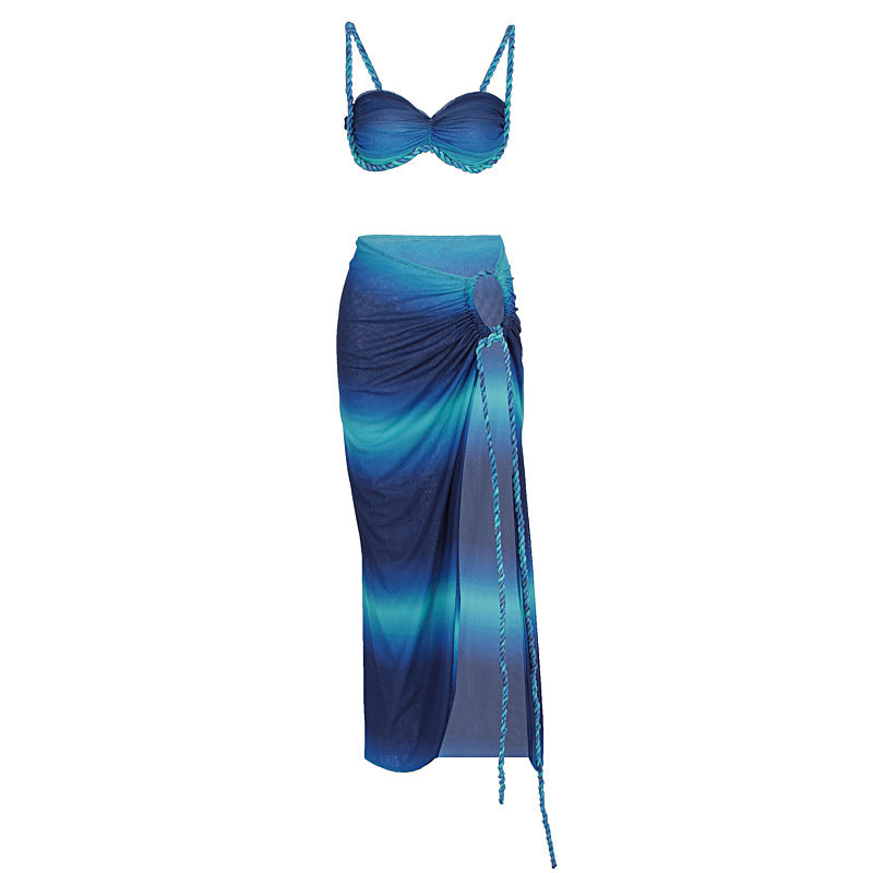 Sommer Sexy Strandurlaub Badeanzug Gewebtes Neckholder Top Top Schlitzrock Set